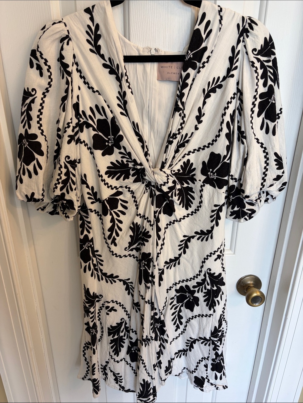 White Crow Black & White Floral Tie-Front Puff Sleeve Mini Dress